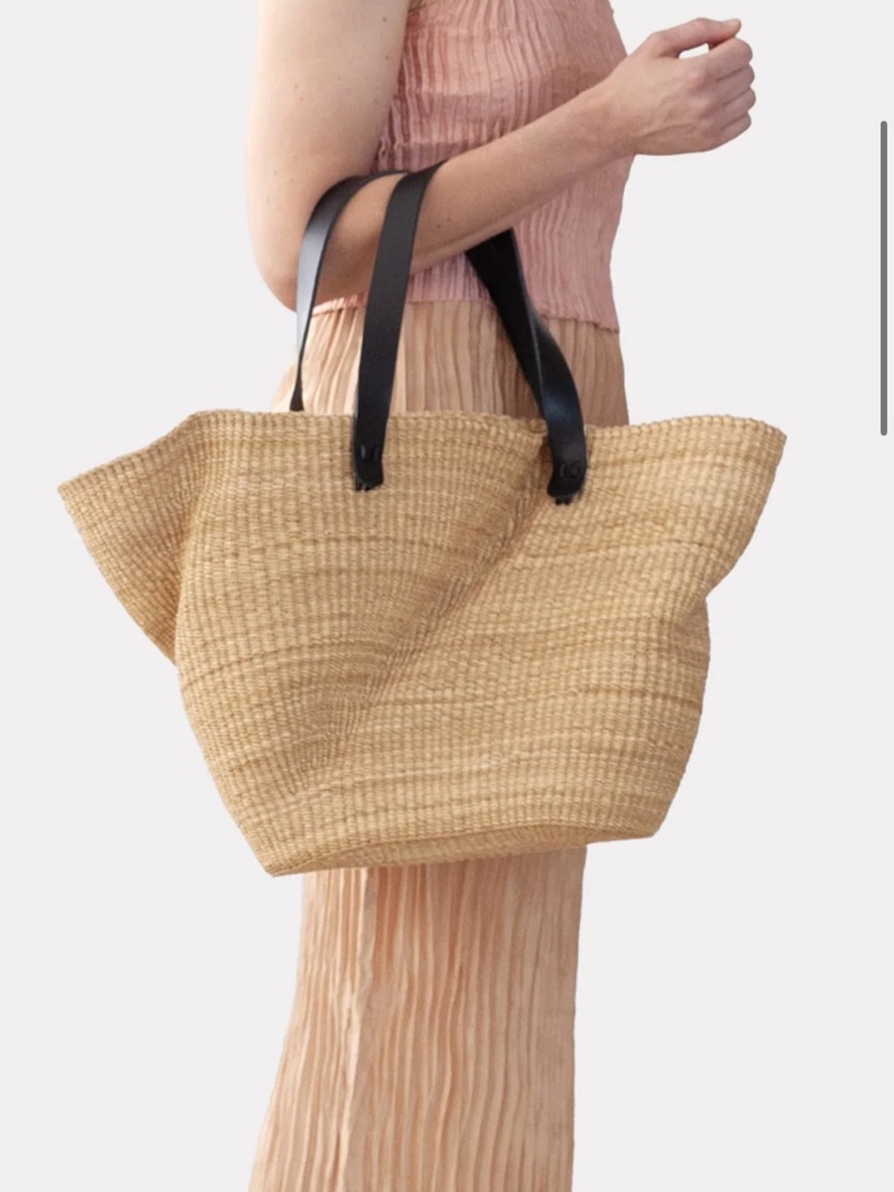Natural Woven Tote with Black Leather Handles - Picture 2 of 2